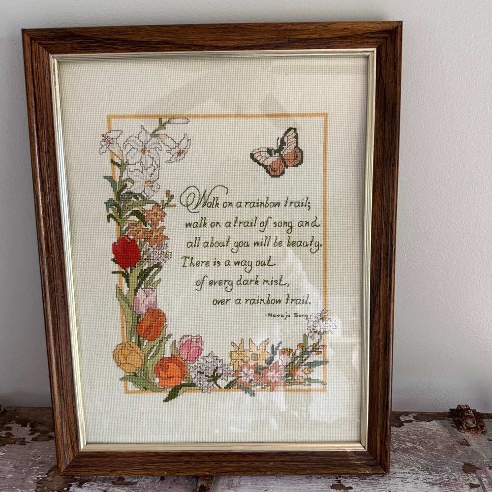 Vintage Navajo Song Framed Cross Stitch Floral Butterfly Gallery Wall Folk Art